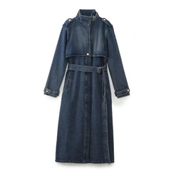 2024 Autumn Mid - length Denim Trench For Women Belt On Waist Loose Lapel Windbreaker Female New - Trendy Mix