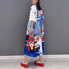 Japanese Style Loose Fit Printed Shirt Dress - Trendy Mix