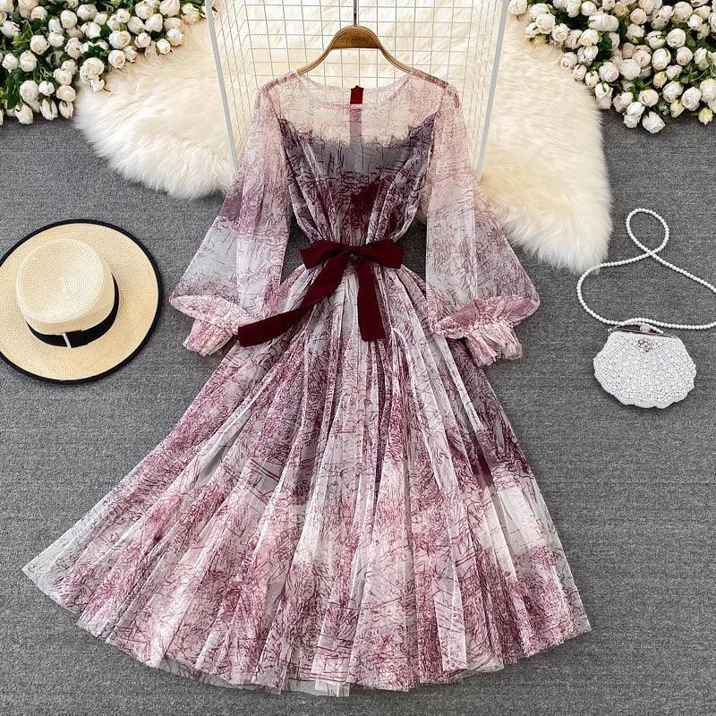 Vintage Illusion Fashion Ink Print Women Dress with Mesh Puff Sleeve O-neck High Waist Female Vestidos - Trendy Mix