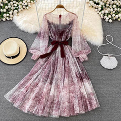 Vintage Illusion Fashion Ink Print Women Dress with Mesh Puff Sleeve O-neck High Waist Female Vestidos - Trendy Mix