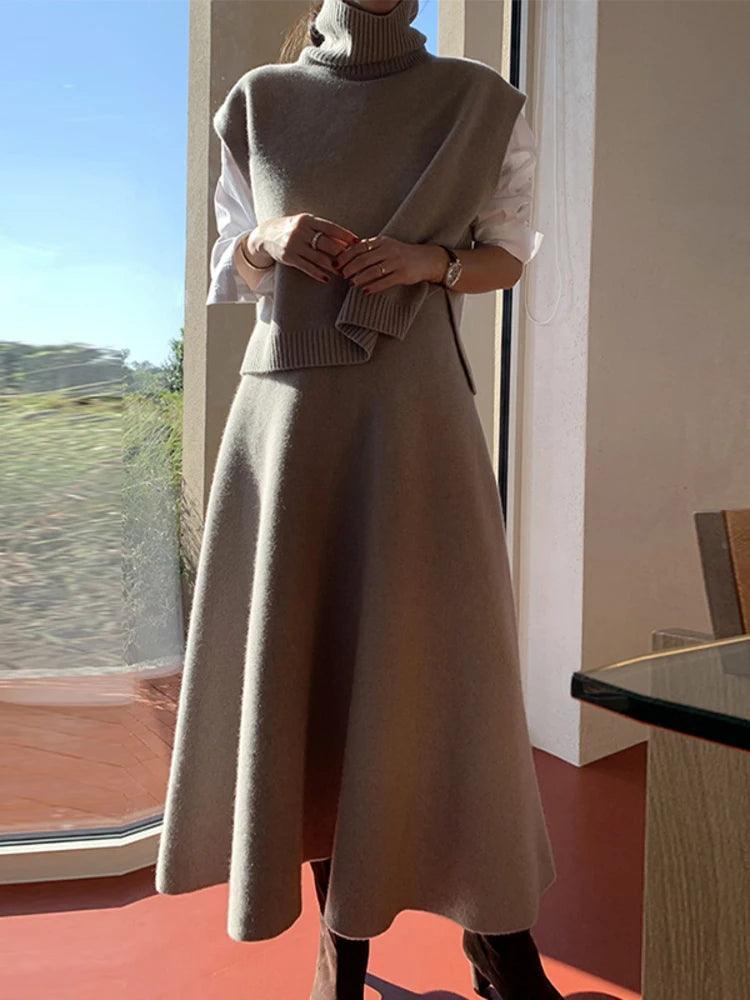 Temperament Turtleneck Irregular Split Vest Pullover Sweater High Waist Slim A-line Skirt Women 2024 Autumn Winter - Trendy Mix