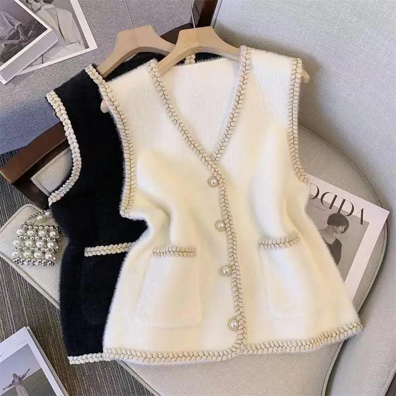 Vest Women's 2024 New V-neck Knitted Vest Mink Fleece Sweater Women's Spring and Autumn Wear Vests Tank Top - Trendy Mix