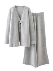 V-Neck Knitted Two-Piece Set with Pants - Trendy Mix