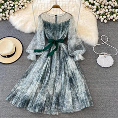 Vintage Illusion Fashion Ink Print Women Dress with Mesh Puff Sleeve O-neck High Waist Female Vestidos - Trendy Mix