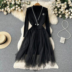 Chic V-Neck Sweater Vest & O-Neck Dress Set - Trendy Mix