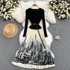 French Style A-Line Pleated Knit Dress with Belt - Trendy Mix