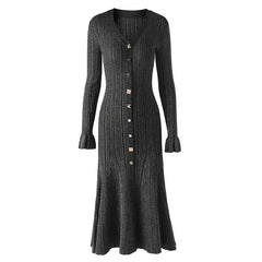 V-Neck Knit Slim Long Dress - Trendy Mix
