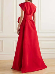 Women ‘s Party Evening Prom Red Dress Summer Round Neck Sleeveless Tied High Waisted Pleated Formal Maxi Dresses - Trendy Mix