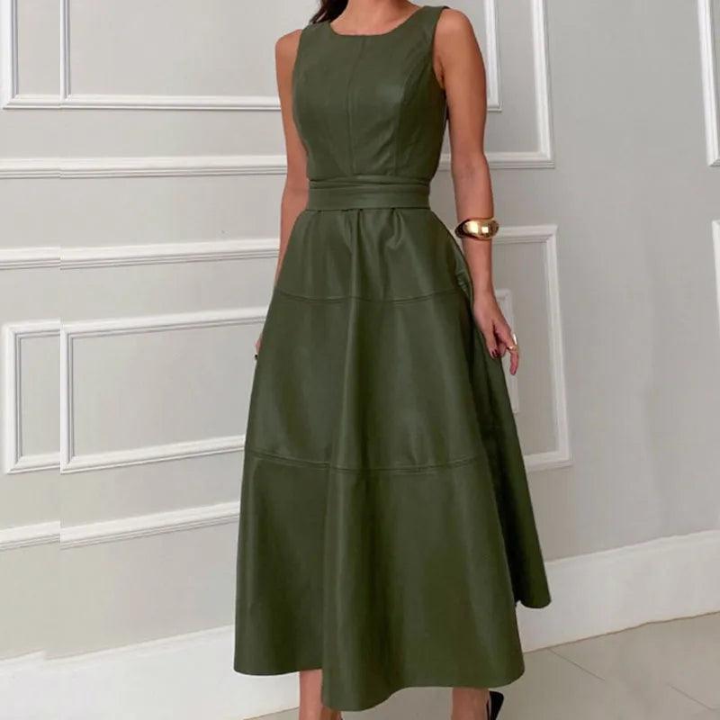 Sexy Ladies Sleeveless Slim Evening Dress Elegant Solid Color Zipper Pleated Dress O Neck Lace Up Waist Long Dress - Trendy Mix