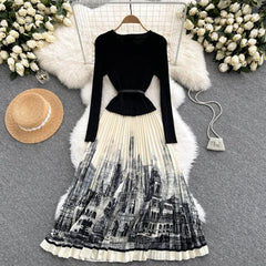 French Style A-Line Pleated Knit Dress with Belt - Trendy Mix