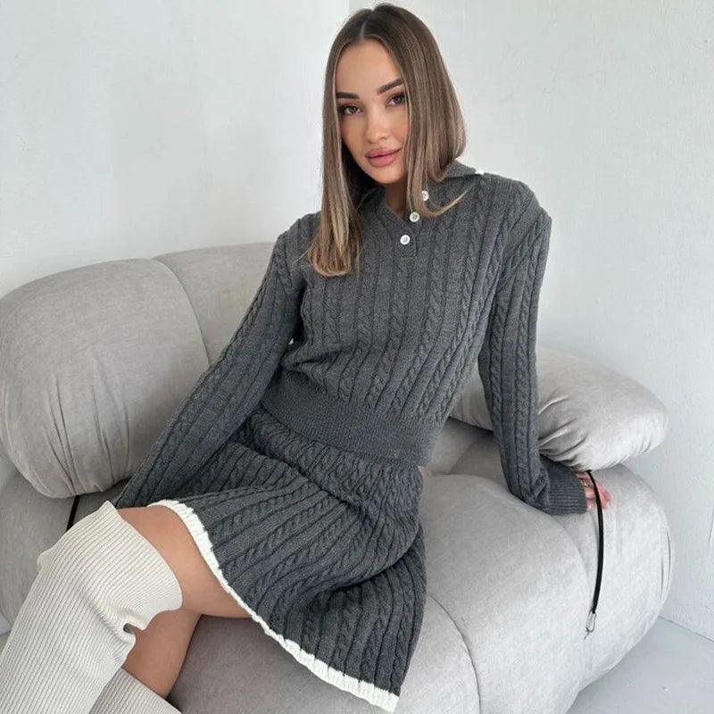 Women Soft Knitting Skirt Sets Solid Turn Down Collar Long Sleeve Pullover Sweater+High Waist A-Line Half Skirt 2pcs Autumn Set - Trendy Mix