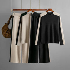 Warm Ladies Clothing O Collar Long Sleeve Loose Sweater Casual Top High Waist Pants Black Trousers 2 Piece Set 2024 Autumn - Trendy Mix