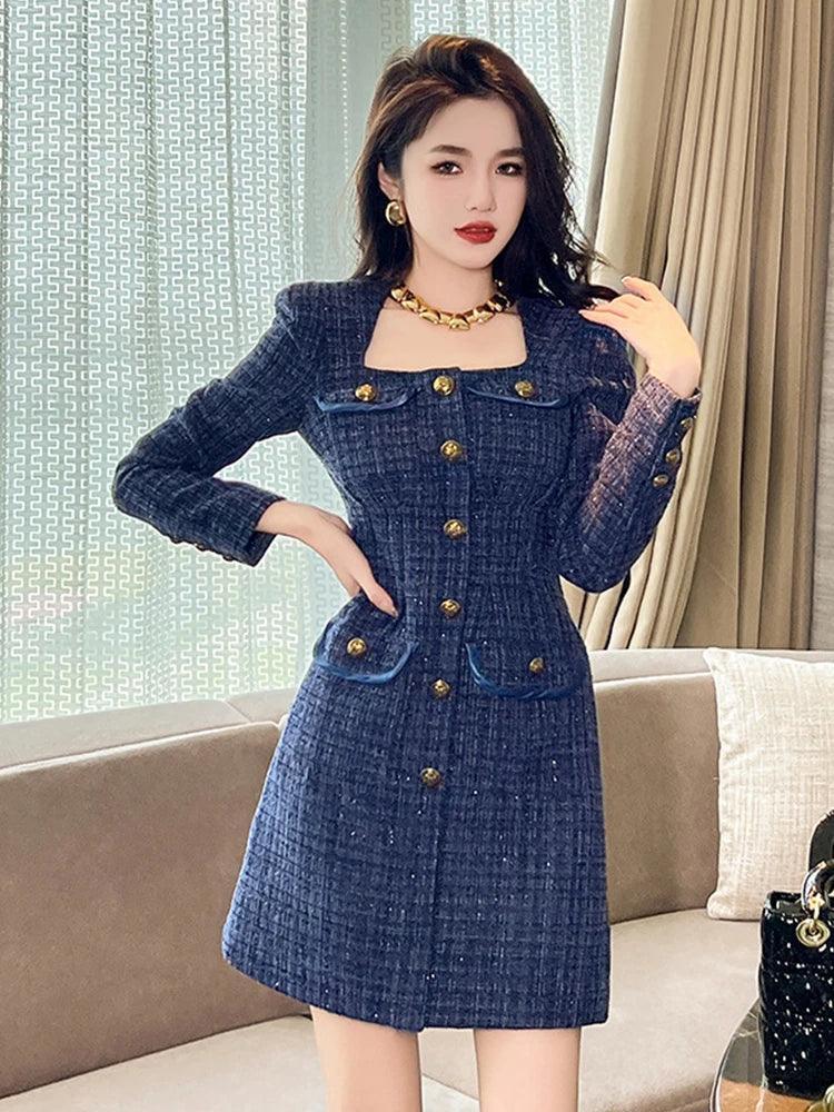 Elegant Retro Blue Tweed Mini Dress - Trendy Mix