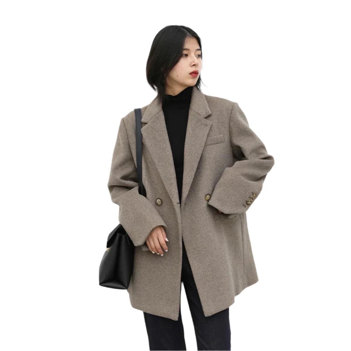 Chic Ven: 2024 Mid-Length Wool Blend Blazer Coat - Trendy Mix