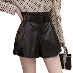 Women's High Waist Wide Leg Leather Shorts - Trendy Mix