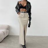 French Style Khaki PU Leather Skirt Women's Simple Split High Waist Straight Dress - Trendy Mix