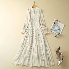 Heavy Industry Pleated Positioning Embroidery Lapel Long Sleeve Dress - Trendy Mix
