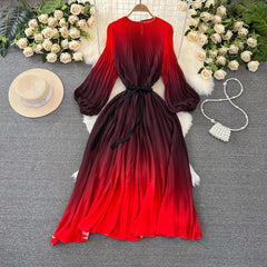 Mid-length A- Line Gradient Pleated Dress - Trendy Mix