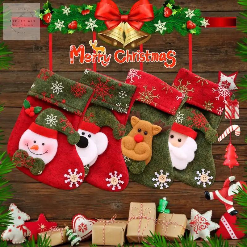 Christmas Stocking With Santa, Snowman, Elk Print - Trendy Mix