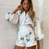 Commuter Long Sleeve Shirt Top High Waist Shorts Suit - Trendy Mix