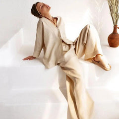 Cotton And Linen Comfortable Loose Long-sleeved Trousers Pajamas Two-piece European And American Home Wear - Trendy Mix