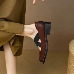 Cowhide Retro Low Heel Elastic Belt Shallow Mouth Pumps - Trendy Mix
