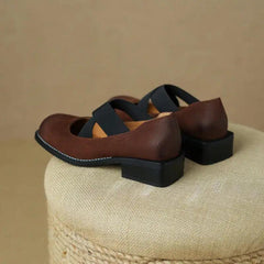 Cowhide Retro Low Heel Elastic Belt Shallow Mouth Pumps - Trendy Mix
