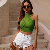 Pure Color Halter Sleeveless Elastic Waist Top - Trendy Mix