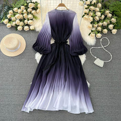 Mid-length A- Line Gradient Pleated Dress - Trendy Mix