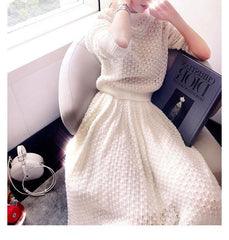 Women's Mohair Long Sleeve Hollow Knit Dress Two Piece - Trendy Mix