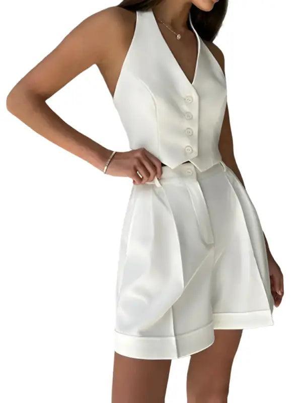 Elegant Open-back Vest & Shorts Set - Trendy Mix