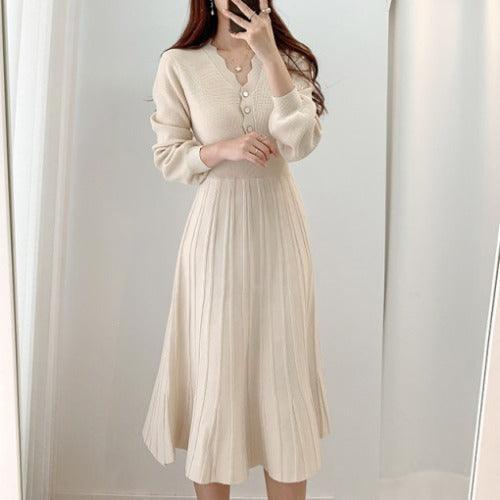 Waist-tight Slimming V-neckline Long Sleeve Mid-length Sweater Dress - Trendy Mix