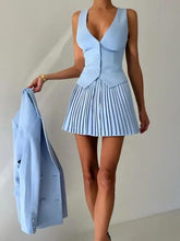 Fashion Skirt Two Piece Sets Women v Neck Single-breasted Vest Tops And Pleated Mini Skirt Sexy Two Piece Sets Clothes-causal - Trendy Mix