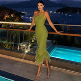 Women’s High Waist One-Shoulder Fur Halter Dress - Trendy Mix