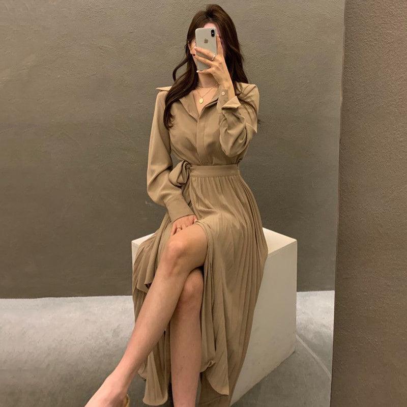 Women's Stitching One Piece Tie Waist Long Sleeve Pleated Dress - Trendy Mix