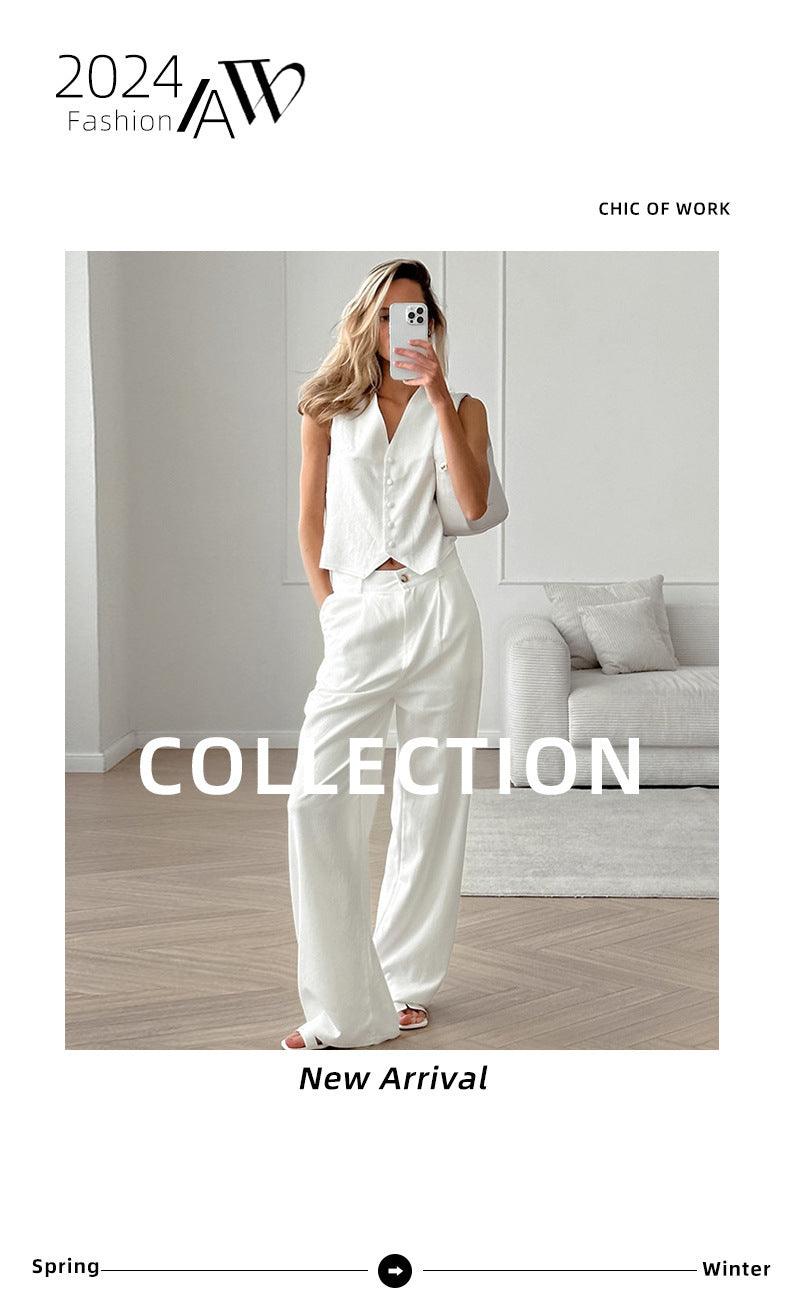 White Cotton Linen Sleeveless V-neck Vest Pants Suit - Trendy Mix