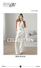 White Cotton Linen Sleeveless V-neck Vest Pants Suit - Trendy Mix