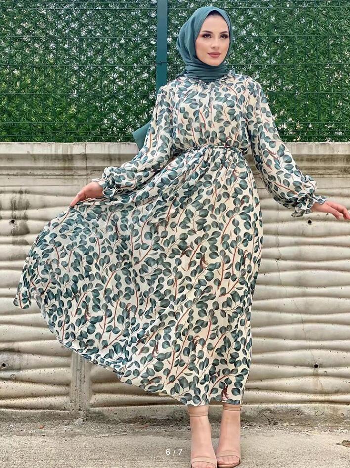 Ruffled Collar Printed Modest Muslim outfit-Set - Trendy Mix