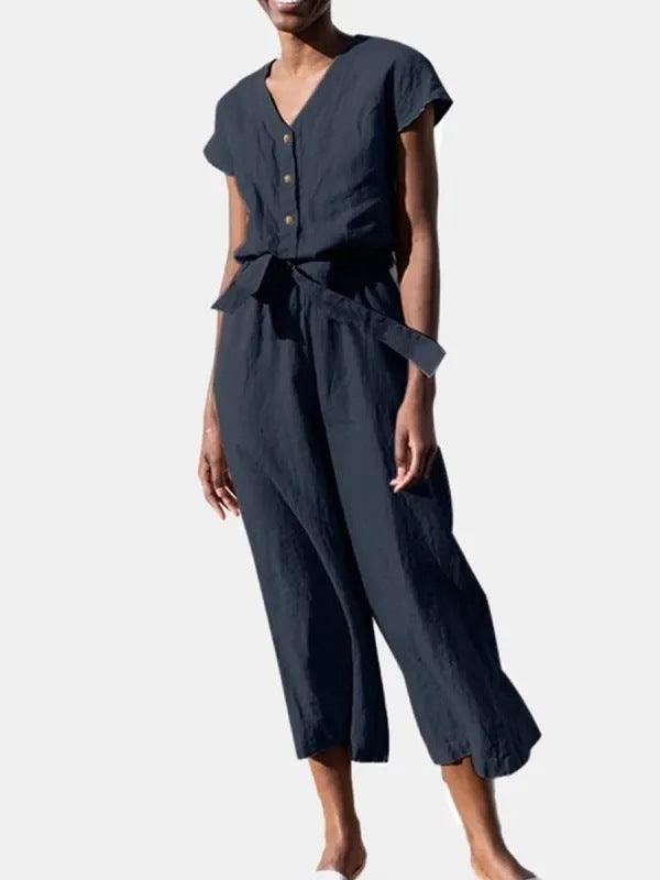 Chic Women's V-neck Cropped Jumpsuit with Lace-up Detail and Short Sleeves - Trendy Mix