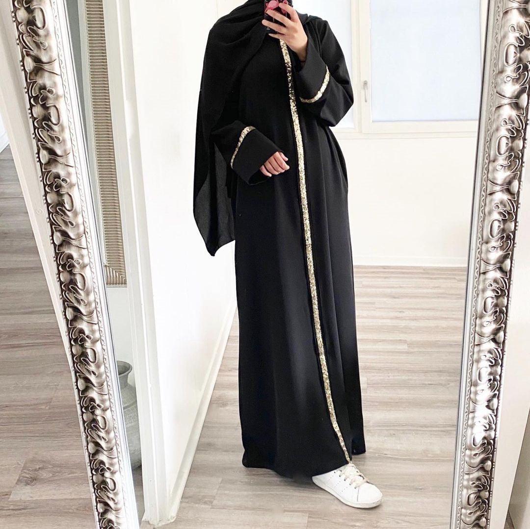 Sequined Long Sleeve Muslim Women's Robe with Colorful Trim - Trendy Mix