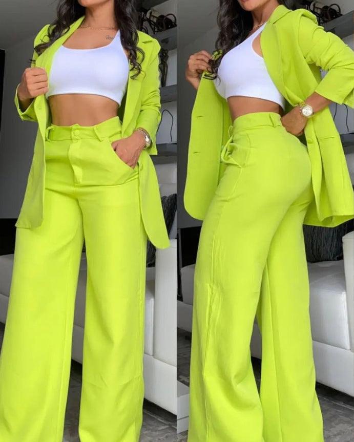 Pure Color Split Sleeve Lapel Suit Straight-leg Pants Suit Women - Trendy Mix