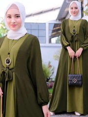 Women's Color Matching Lace Up Pullover Long Sleeved Hejab outfit - Trendy Mix