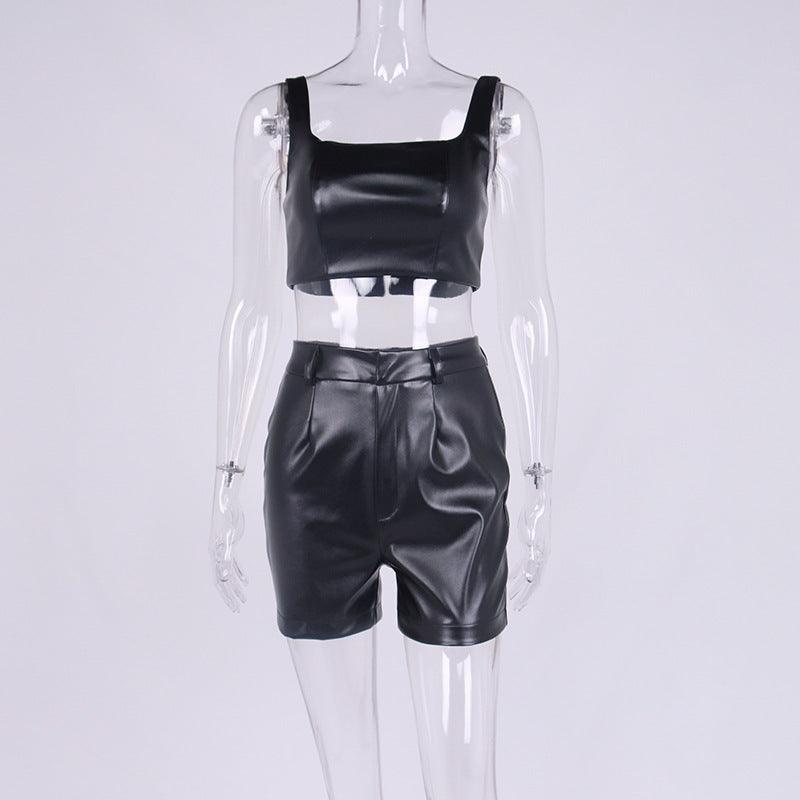 Crop Vest Shorts Leather Jacket Leather Pants Two-piece Set - Trendy Mix