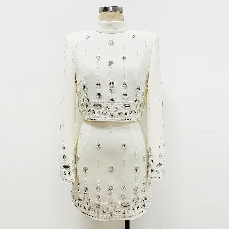 Heavy Industry Beads Diamond Inlaid Short Top Mid-length Dress Set Two-piece Set - Trendy Mix