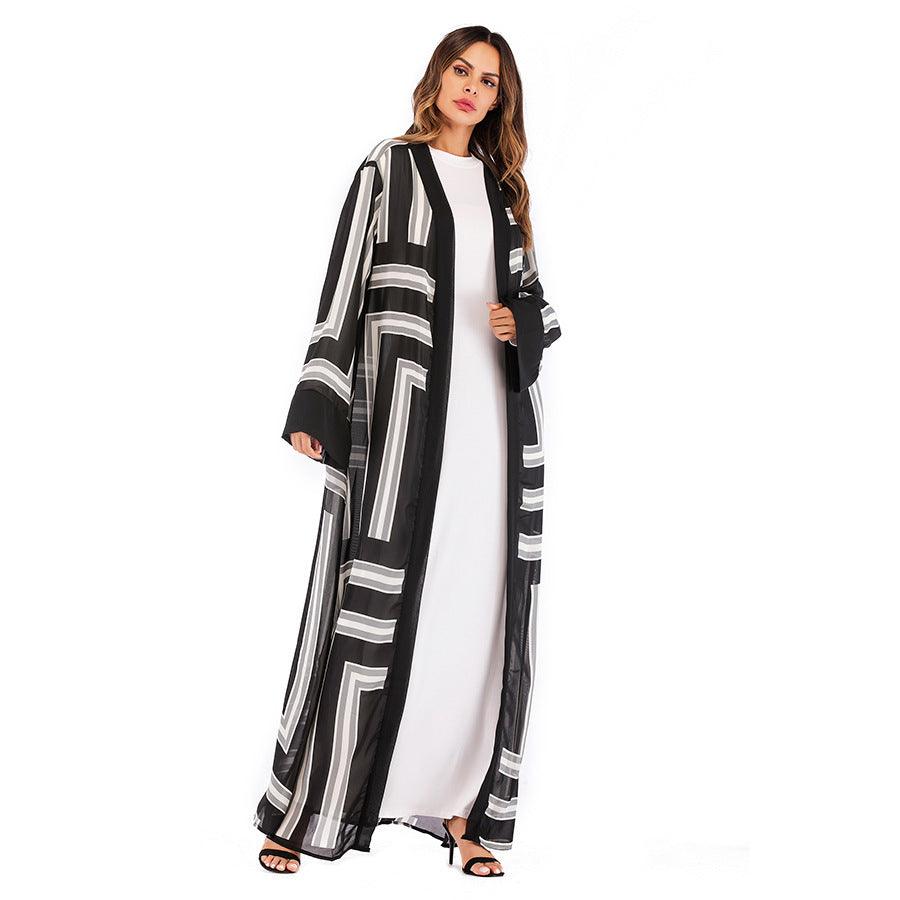 Muslim Checkered Loose Lace Cardigan Robe for Women - Trendy Mix