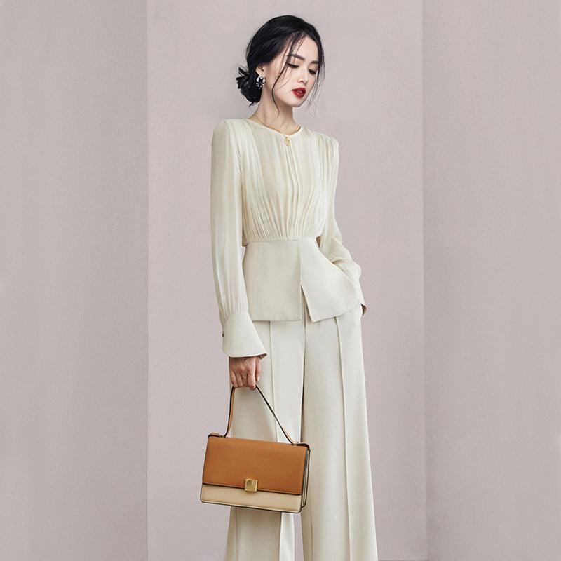 Chic Beige Apricot Long Sleeve Two-Piece Set with Wide-Leg Pants - Trendy Mix