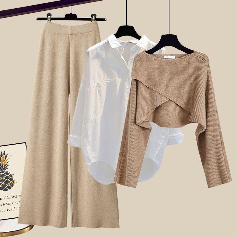 Knitted Sweater Shirt Wide Leg Pants Three-piece Set Autumn And Winter Suit Women - Trendy Mix