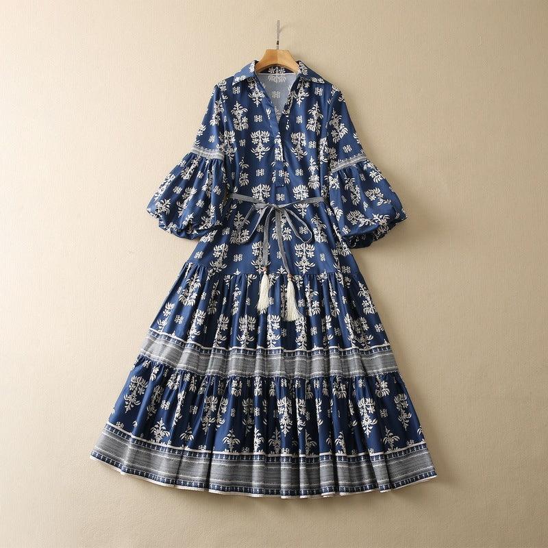 V-neck Lace-up Lantern Sleeve Cotton Silk Printing Dress - Trendy Mix