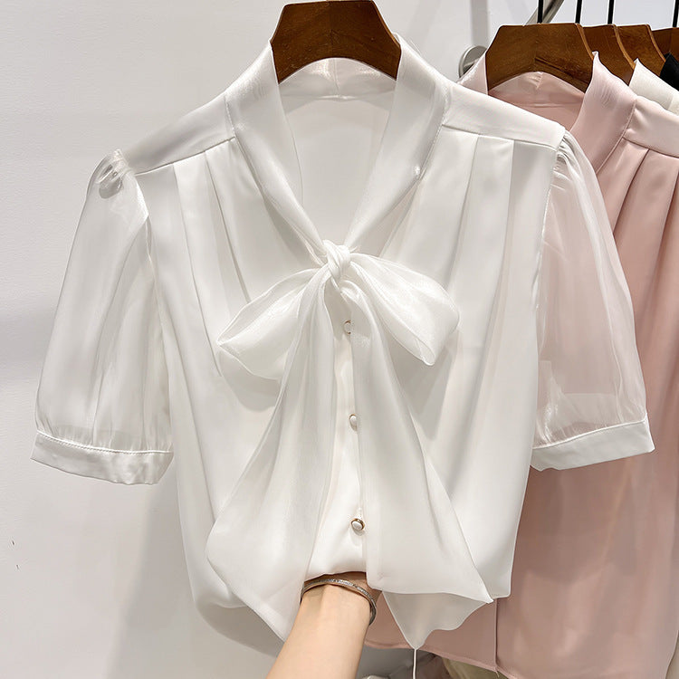 Pure Color Tied Single-breasted Short Sleeve Shirt For Women - Trendy Mix