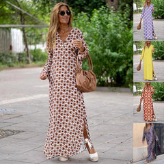 Summer Geometric V-Neck Long Dress - Trendy Mix